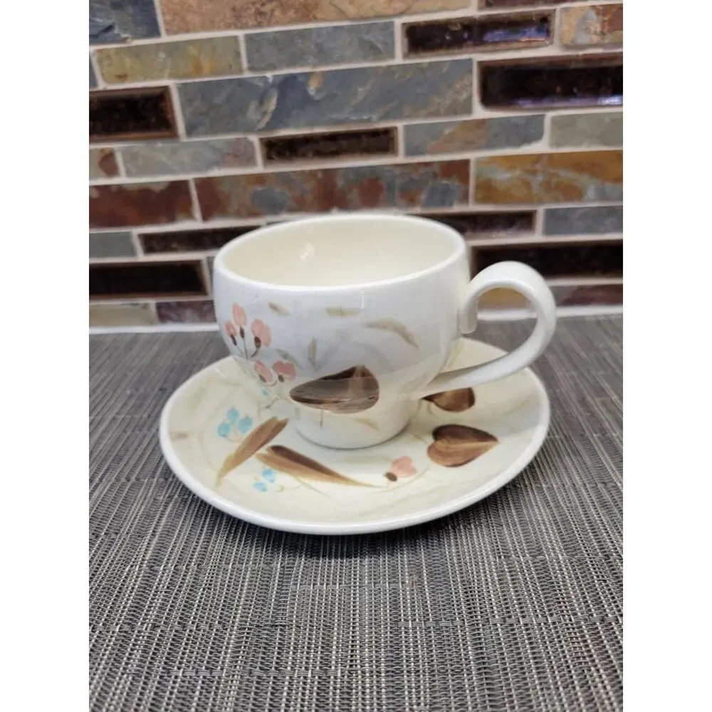 2 Vintage Red Wing Pottery Random Harvest Cup Saucer Sets Mid Century Futura